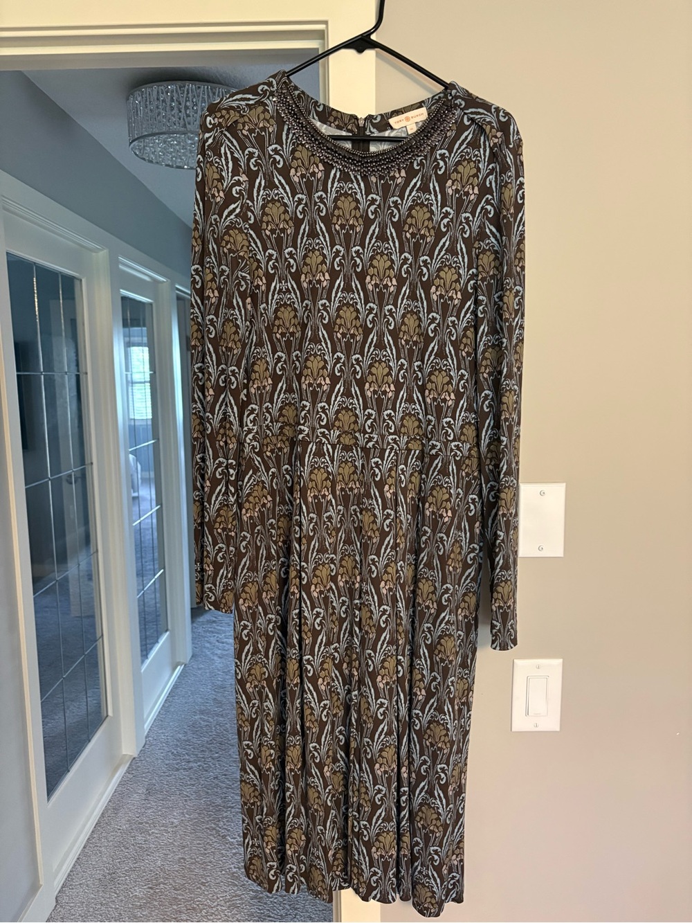Tory Burch Brown Dress with Light Blue Floral Motif and Beaded Neckline - Picture 4 of 4